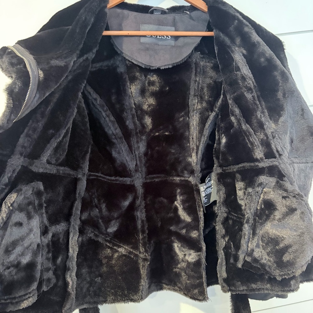 GUESS Faux Fur Belted Moto Jacket Black Y2K Glam Gothic Lace Mobwife M Upcycle - Picture 6 of 15
